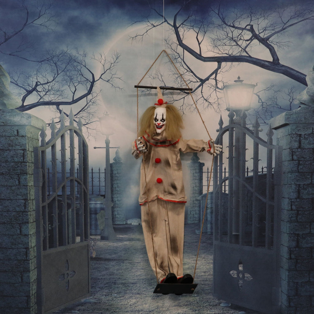 Haunted Hill Farm Animatronic 4.6-Ft. Swinging Clown with Lights and Sound, Indoor or Covered Outdoor Halloween Decoration