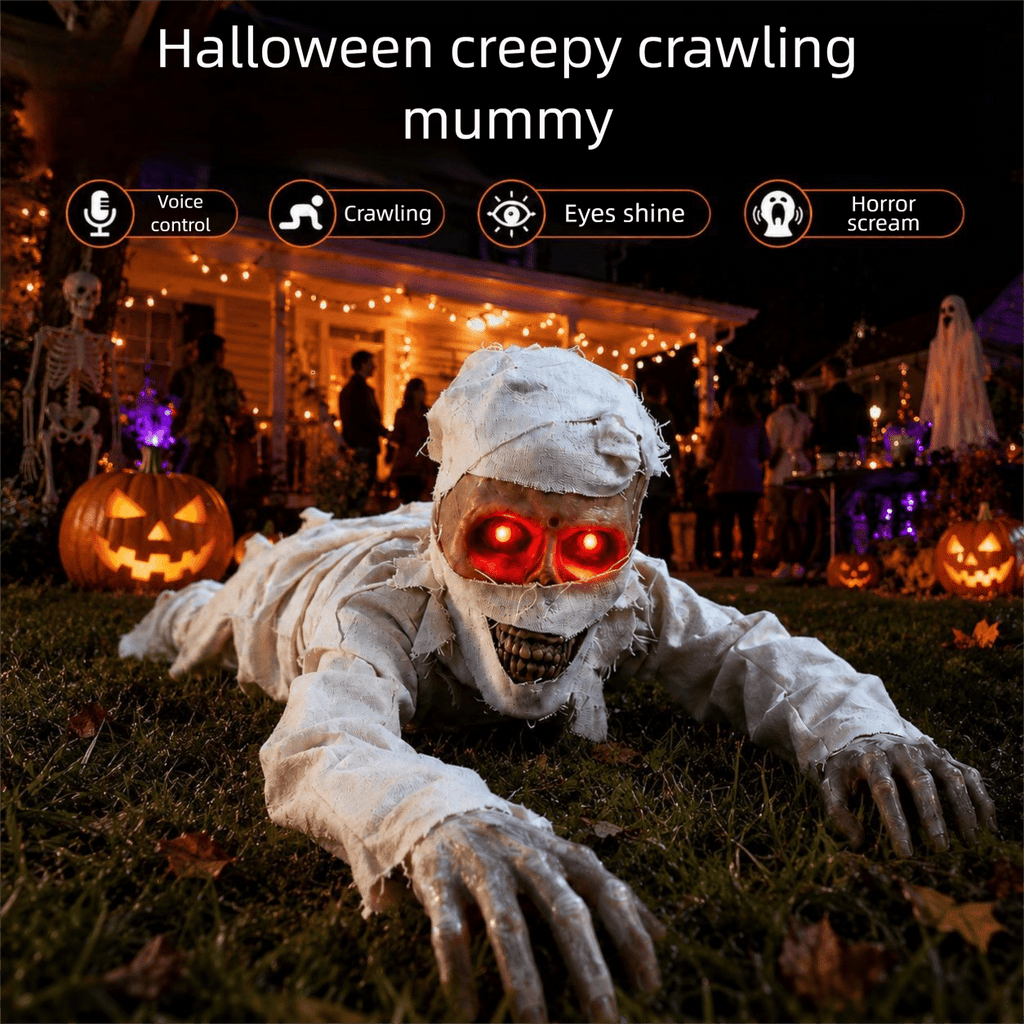 Halloween Crawling Mummy Animatronic Decoration, Sound-Activated with Red Glowing Eyes & Scary Sounds