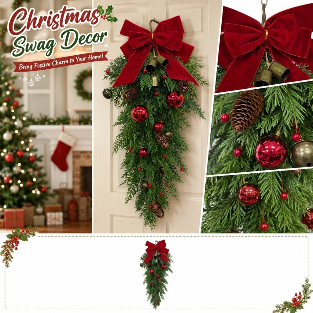 Christmas Pine Wreath, Outdoor Christmas Decorations, Xmas Door Wreath for Home, Holiday, Party, Fireplace, Mantle, Wall, Windows Decor