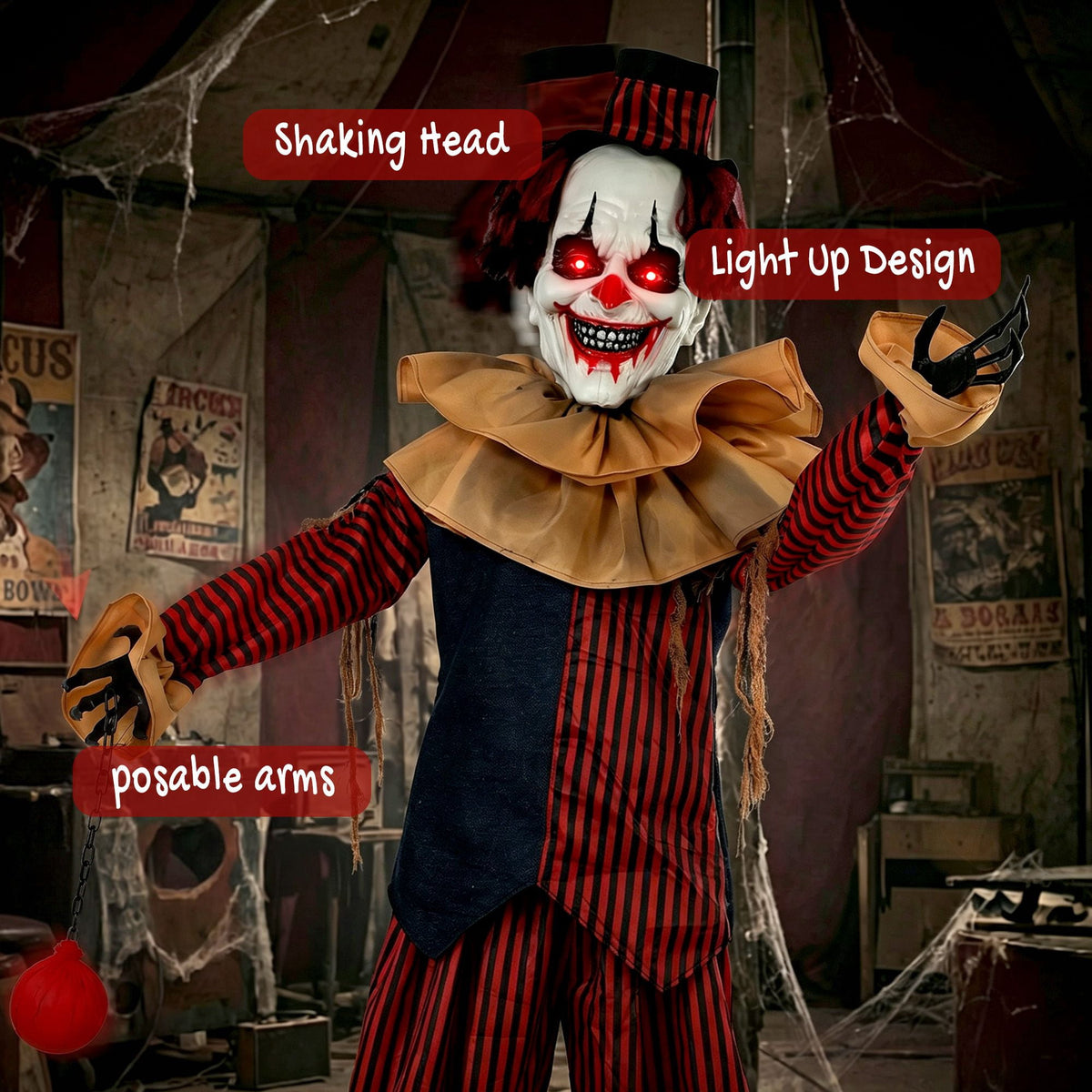Halloween Decoration Animated Clown, 94.5-Inch Sound and Touch Activated Prop with Red LED Eyes and Moving Arms for Indoor or Covered Outdoor Use