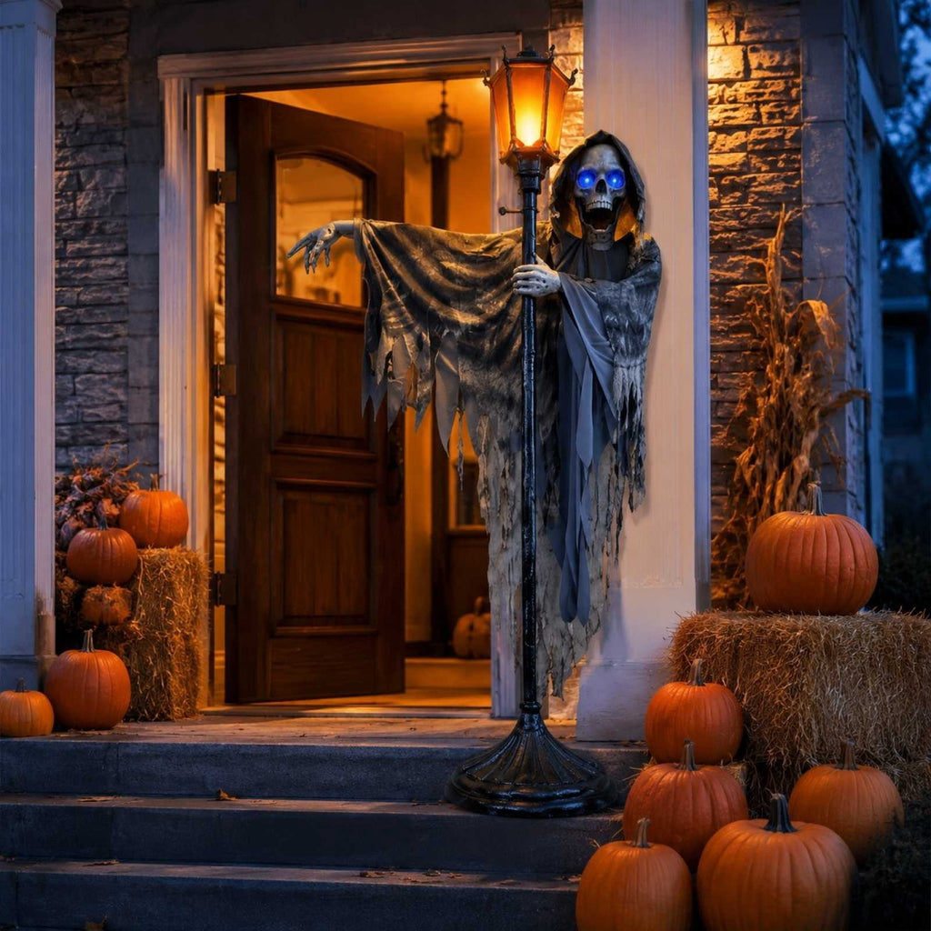 Outdoor Halloween Decorations Gaslight Ghoul, 79" Tall Hanging Skeleton Holding Street Light with Creepy Blue Eyes, Tattered Robe Ghost Decor for Yard Patio Walkway, Front Porch, Road