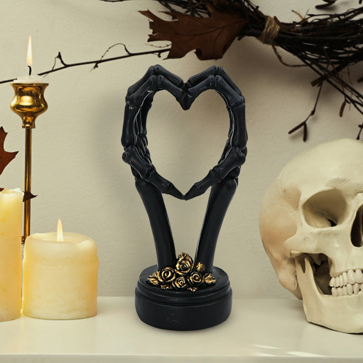 3Pcs Halloween Skeleton Heart Hands Sculpture, Resin Abstract Bone Finger Gesture Statue with Floral Ornament Base, Gothic Home Desktop Decor for Shelf, Mantel, Dressing Table and Party Display