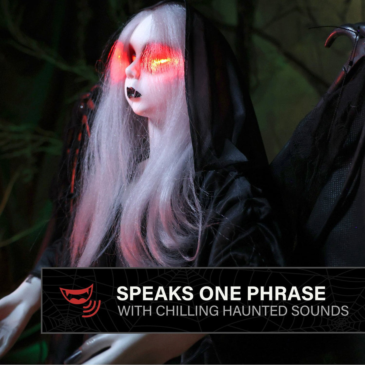 Haunted Hill Farm Red LED Battery Creepy Girl Tombstone with Wings Halloween Animatronic 3.1-Ft.
