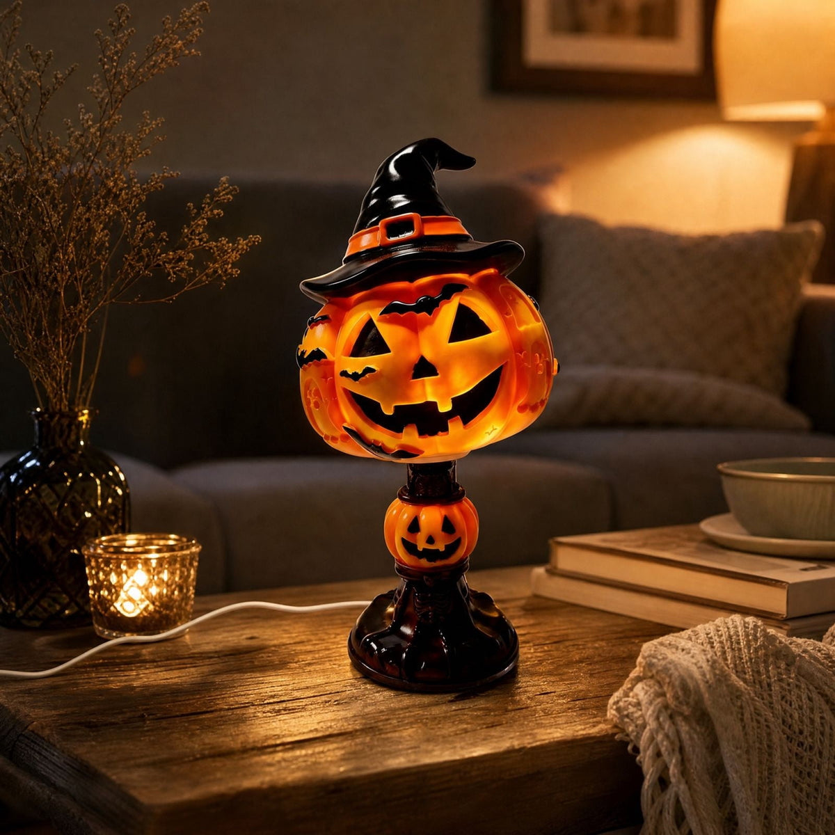AZXY Halloween Stacked Lighted Pumpkin Figurine, Skeleton Cut‑Out Pumpkin Lamp, Spooky Holiday Floor Ornament, Halloween Yard Party Decoration for Porch Yard Living Room Use