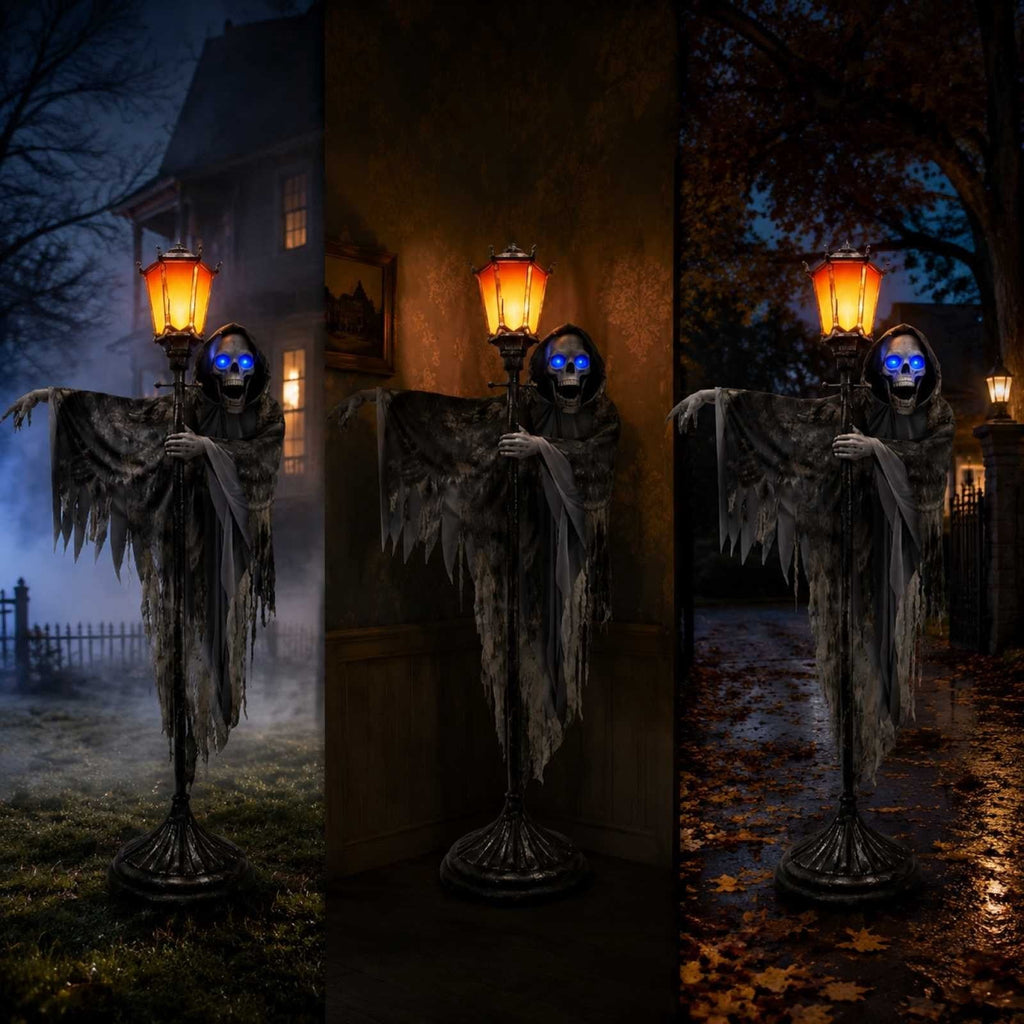 BZPIZ Ghost Outdoor Lights Halloween Decorations, Skeleton with Light Up Blue Eyes Street Lamp for Yard Porch Front Door Outdoor