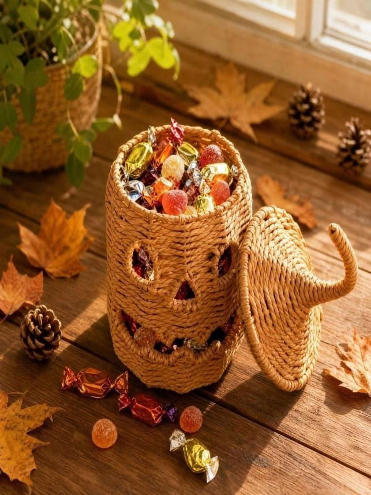 Lighted Halloween Table Centerpiece, Witch Hat Pumpkin Lamp, Black Woven Rattan Halloween Decor Indoor, Glowing Tabletop Decoration for Party Home