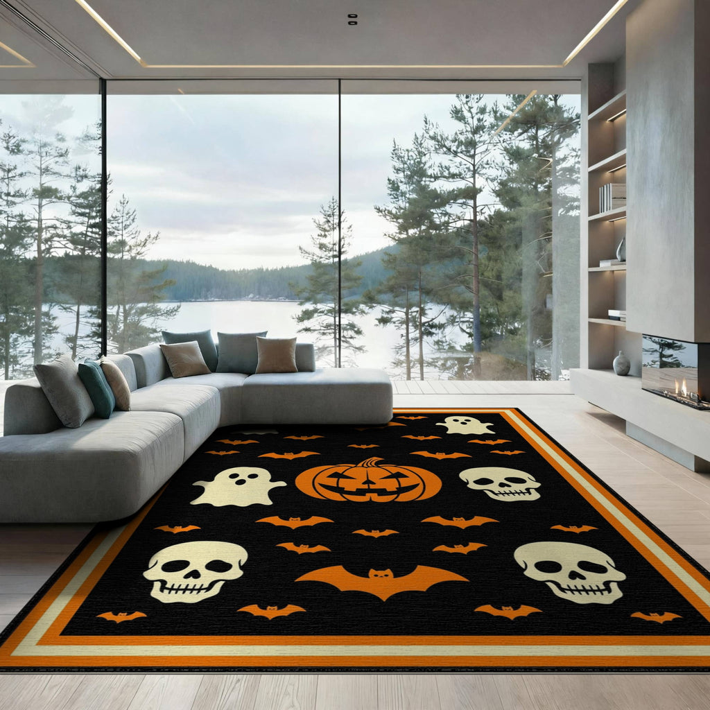 ODIKA Retro Halloween Welcome Featuring Ghosts Pumpkins Bats Skulls Non-Slip Flatwoven for Living Room, Under Sectional, Family