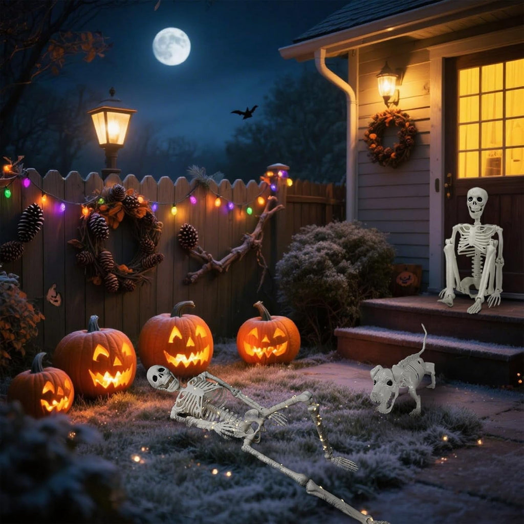 Lighted Human & Dog Skeleton Halloween Decorations Outdoor/Indoor - 36 Inch Realistic Full Body Movable Posable Skeleton Spooky Halloween Decor for Garden Yard Porch Party Haunted Graveyard