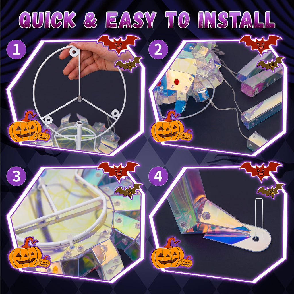 47-Inch Prismatic Iridescent Spider Halloween Decoration with 150 LED Lights, Red Glowing Eyes, Metal Base and Ground Stakes
