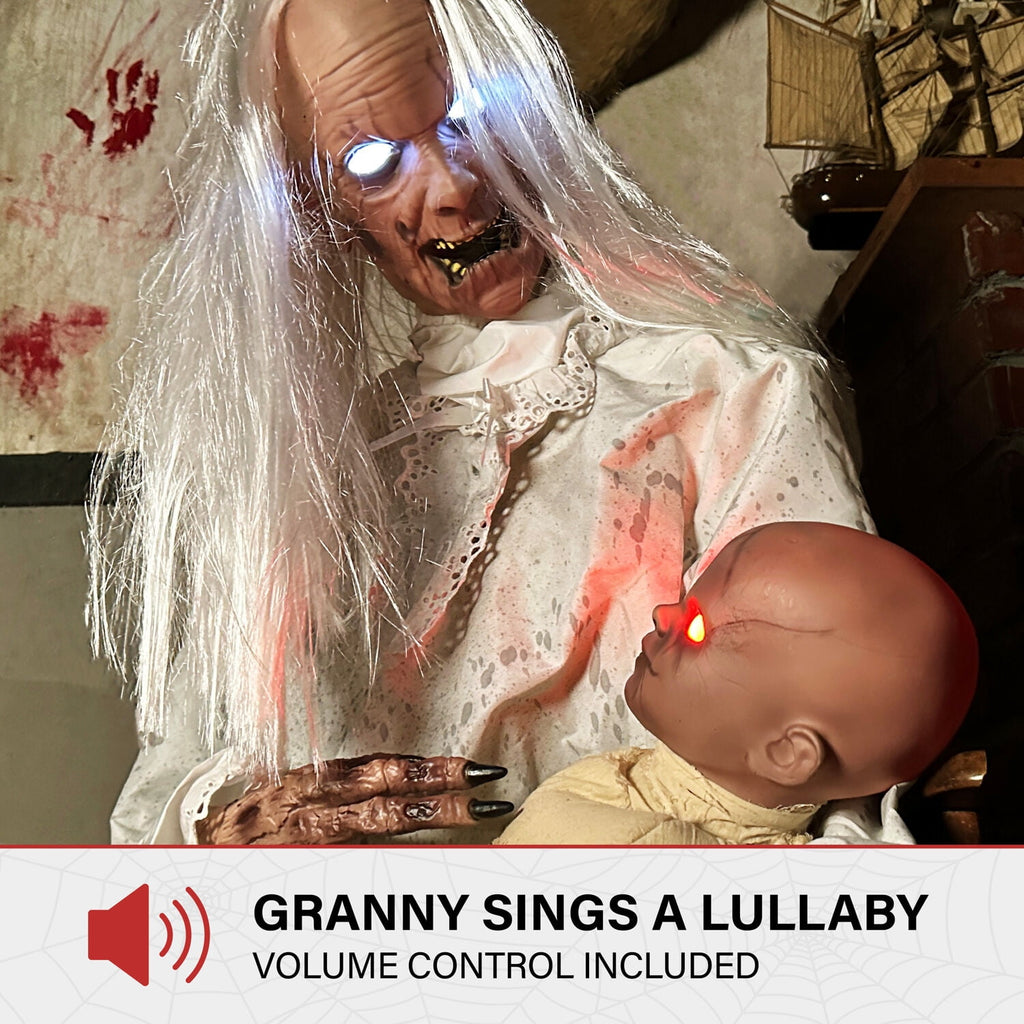 Haunted Hill Farm Life-Size Animatronic Gravely Granny by Tekky Halloween Decoration, 2.9-Ft.