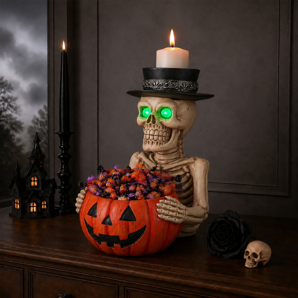 Halloween Skeleton Butler Floor Statue with Serving Tray & Black Cat, Resin Gothic Home Decor for Entryway Porch Living Room
