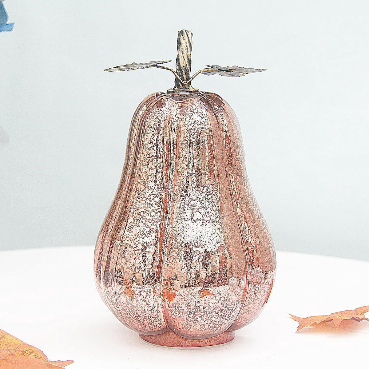 Mercury Glass Pumpkin Lights with Timer, Battery Operated Led Pumpkin Lights for Halloween Fall,Thanksgiving Rustic Decor (Rosegold Leafy, 11")