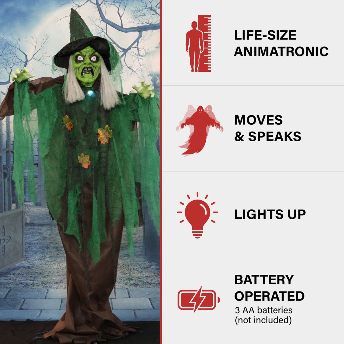 Haunted Hill Farm 6 ft Animatronic Talking Forest Witch with Movement and Lights for Scary Halloween Decoration, HHWITCH-44FLSA