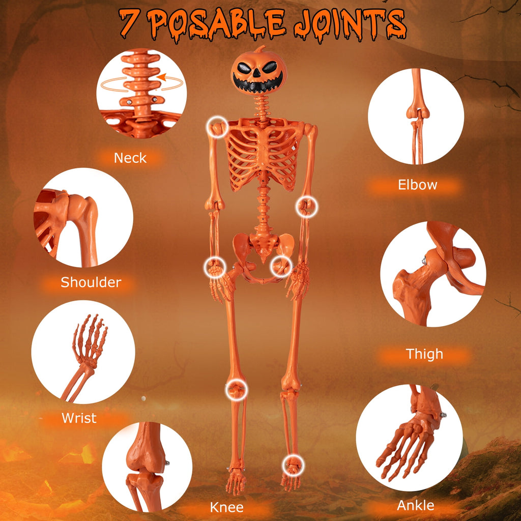 Gymax 5.2 Ft Halloween Skeleton Decoration w/ Pumpkin Head 7 Moving Joints Orange