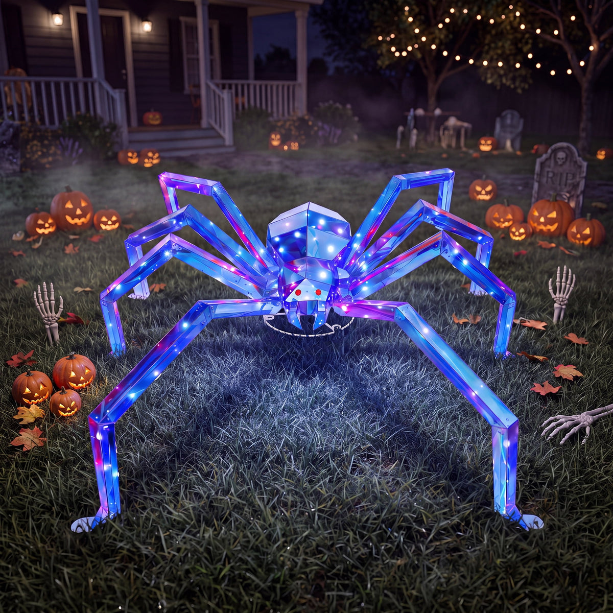 47-Inch Prismatic Iridescent Spider Halloween Decoration with 150 LED Lights, Red Glowing Eyes, Metal Base and Ground Stakes