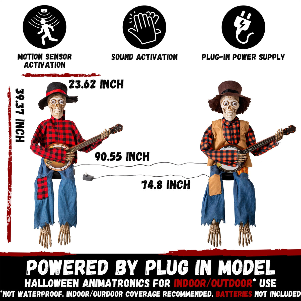 Halloween Animatronics Banjo Skeletons Duo Decorations, Animated Skull with Sound Activated Funny Voice Light Up Eyes, Playing Musical Plug-in Powered Halloween Prop Decor for Indoor Outdoor Yard Law