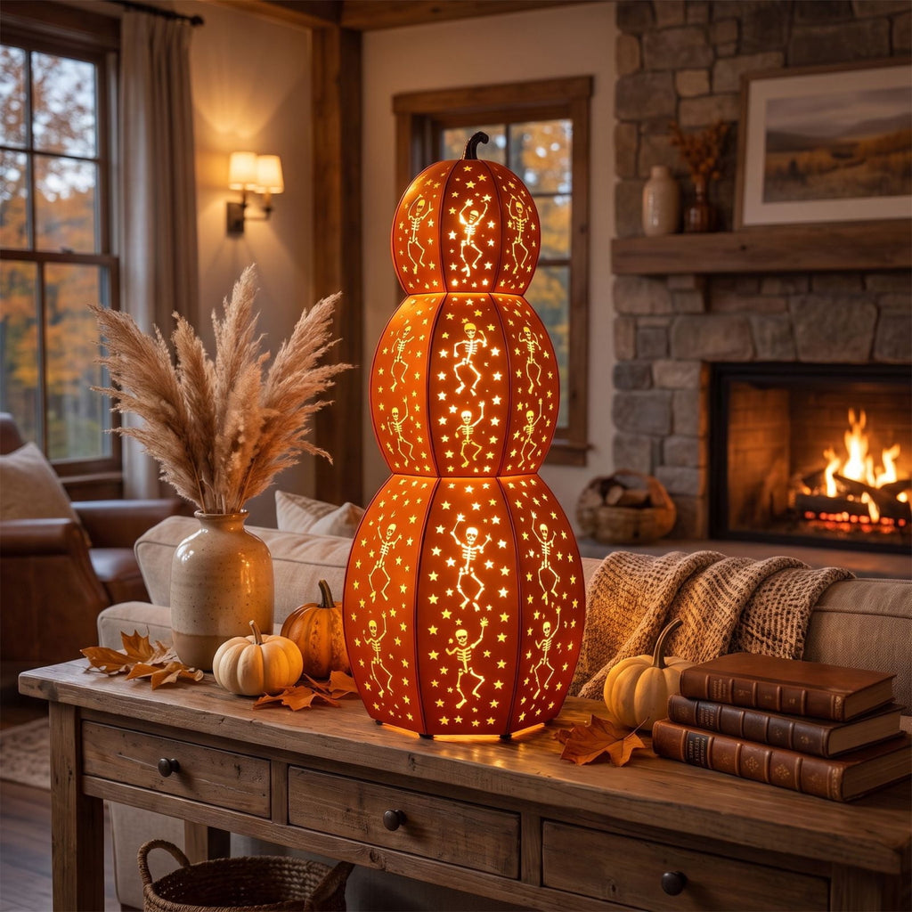 Stacked Orange Pumpkins With Skull Cuts, Light Up Halloween Decor With Dancing Skeleton, Indoor Outdoor Yard & Porch Party Ornament