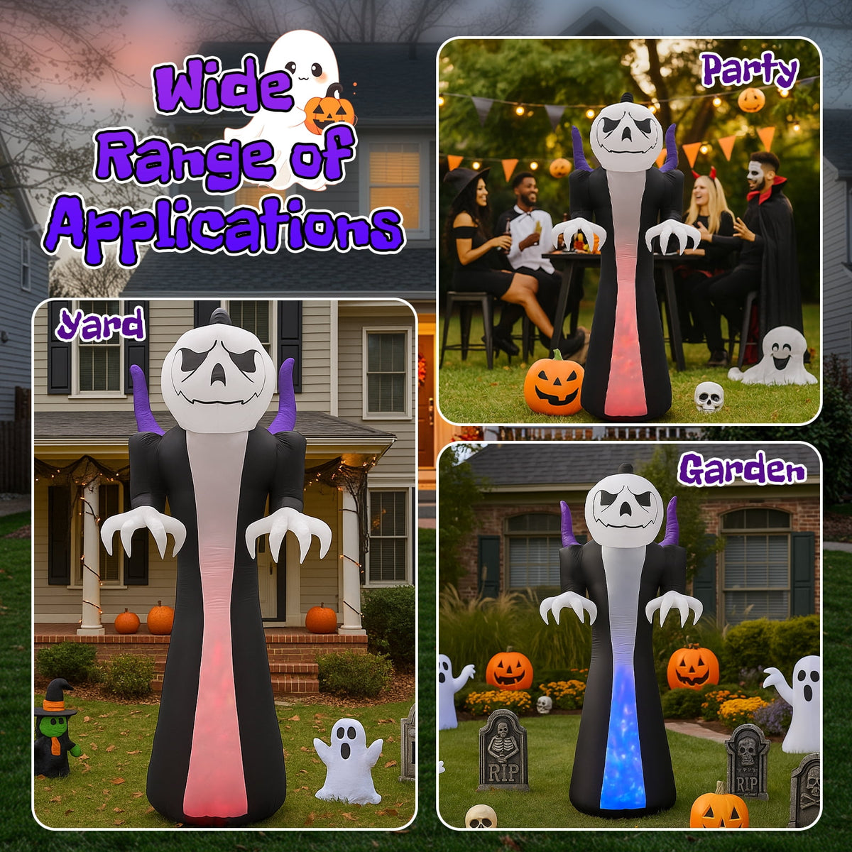 12ft Giant Halloween Inflatable Grim Reaper with Pumpkin Head and 3 Color LED Flame Decor