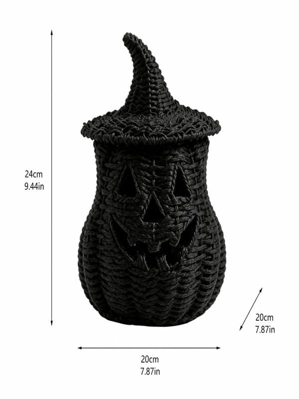 Lighted Halloween Table Centerpiece, Witch Hat Pumpkin Lamp, Black Woven Rattan Halloween Decor Indoor, Glowing Tabletop Decoration for Party Home