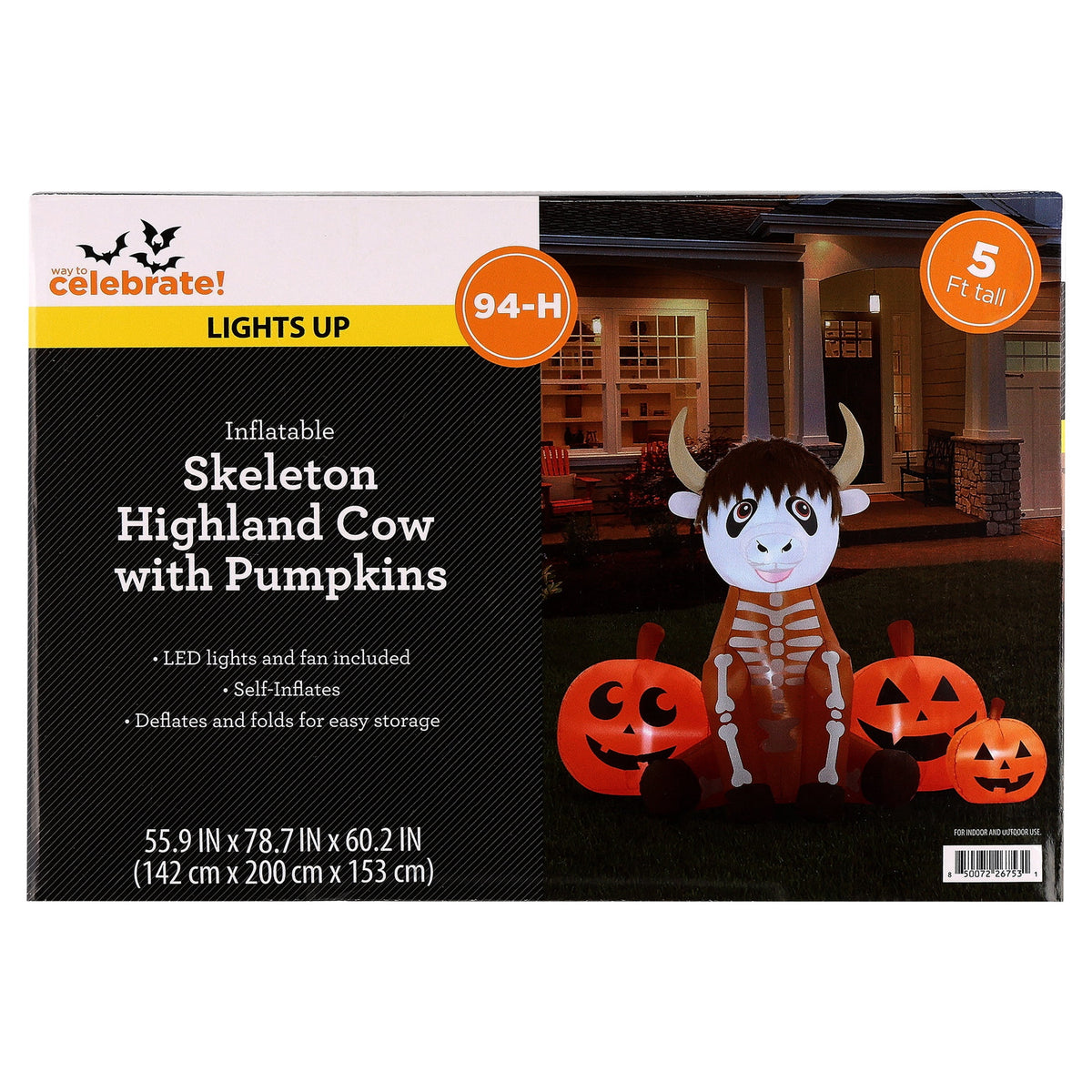 Skeleton Highland Cow with Pumpkins Airblown Yard Inflatable, Multicolor, 5', Halloween by Way To Celebrate