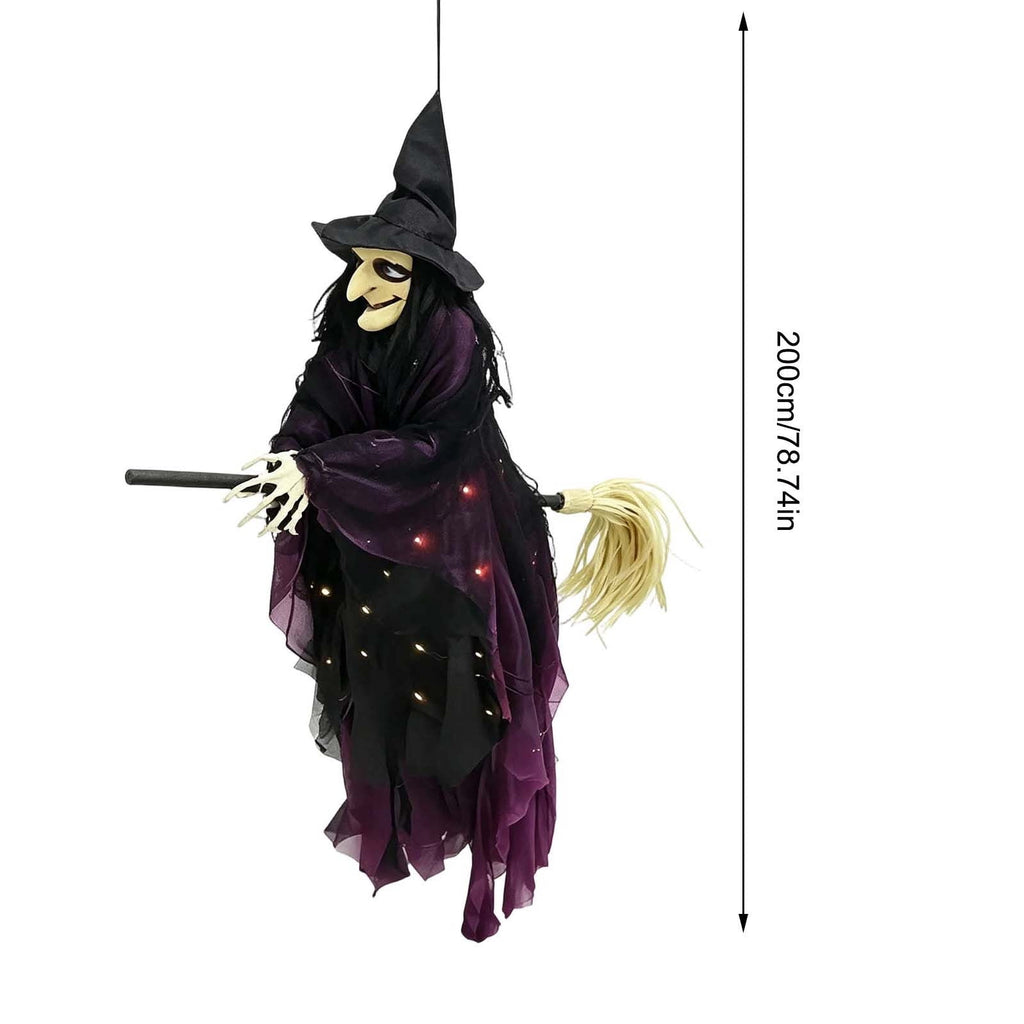 WWG Halloween Flying Witch Decoration, Spooky LED Light Up Witch Hanging Decor, Purple Glowing Witch Pendant with Skeleton Hands, Indoor Outdoor Halloween Party Decor, Includes 1 Witch Pendant