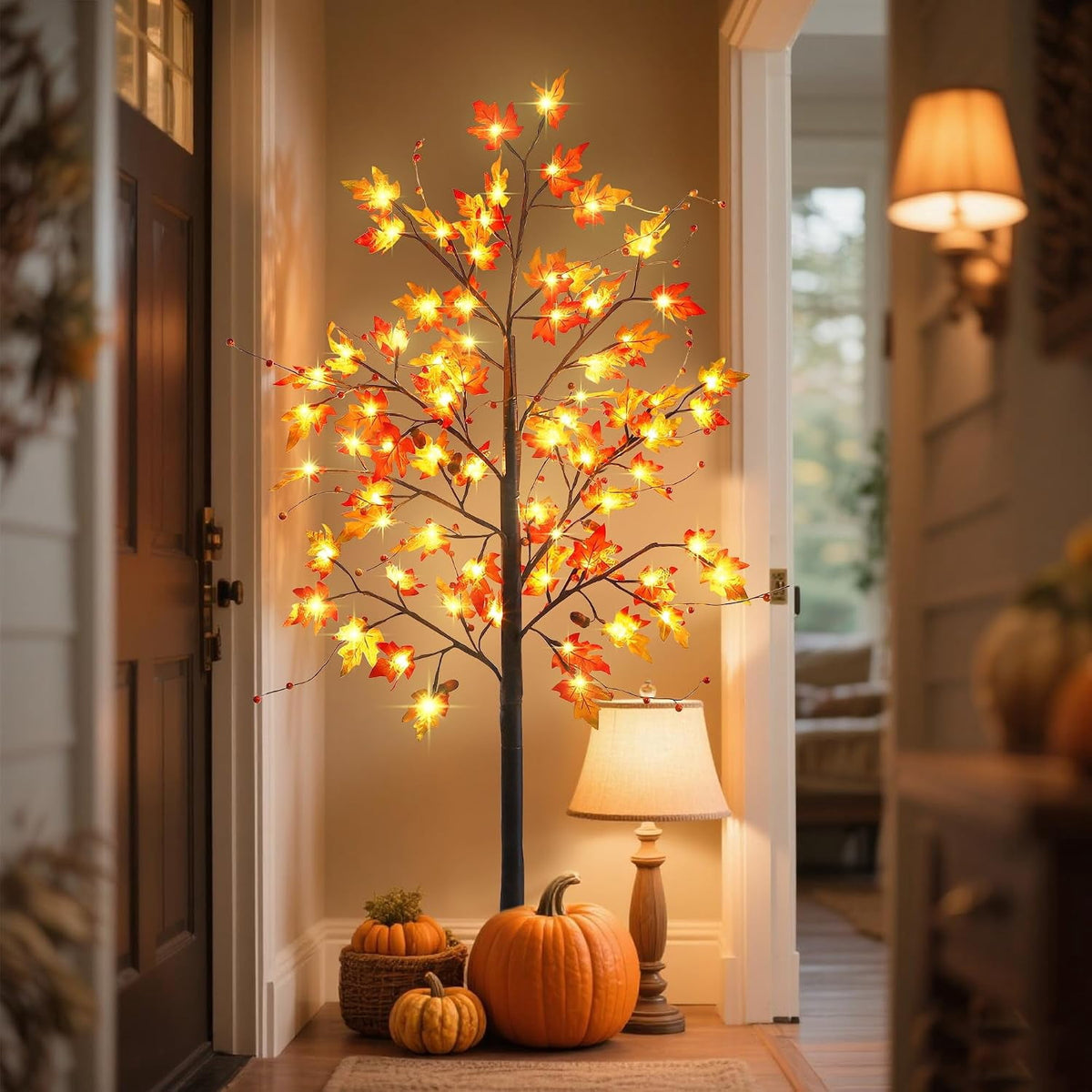 2 Pack LED Lighted Maple Tree, 5 FT Lighted Artificial Tree for Thanksgiving Harvest Fall Festival Halloween Home Party Decoration