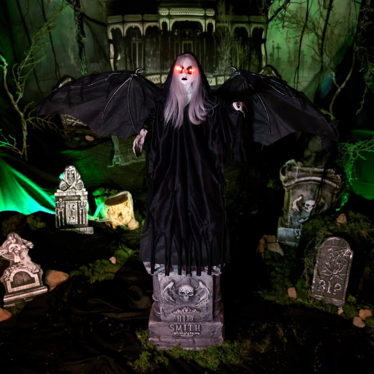 Haunted Hill Farm Red LED Battery Creepy Girl Tombstone with Wings Halloween Animatronic 3.1-Ft.