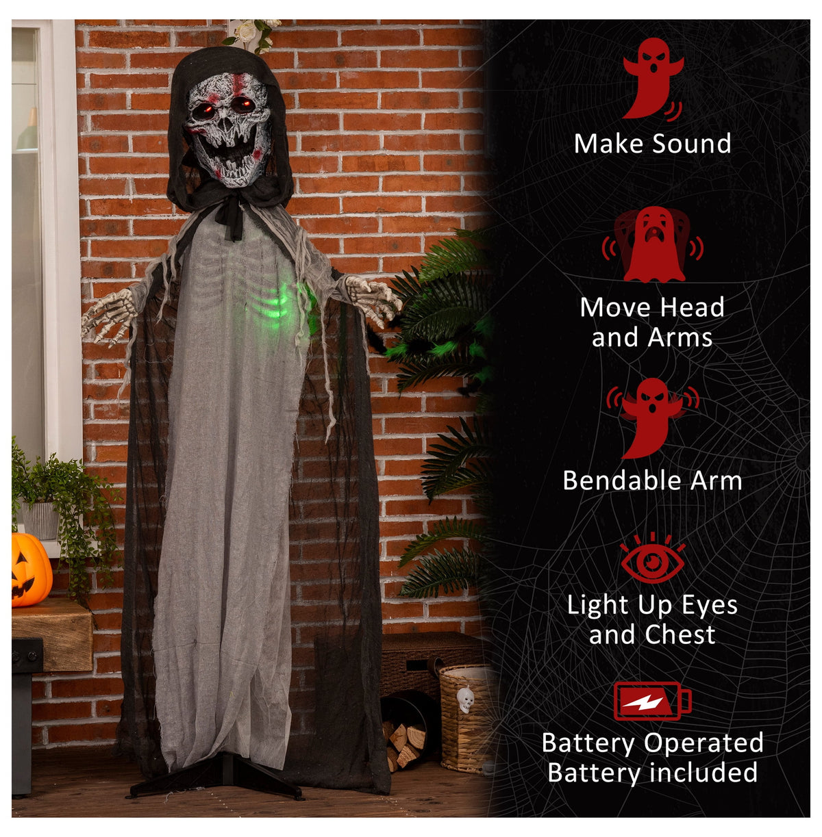 74" Halloween Skeleton Witch Prop, Animated Outdoor Decor with Sound & Motion Activation, Light Up Eyes & Chest, Howling/Chain Sounds, Life Size Animatronic Halloween Decoration
