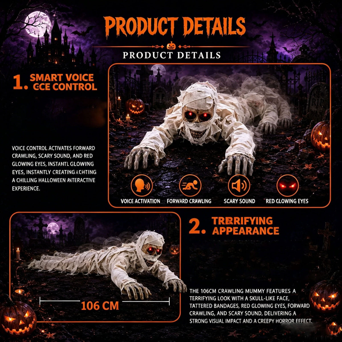 BZPIZ Realistic Skeleton Groundbreaker Halloween Decorations, Crawling Mummy Skull with Light Up LED Red Eyes and Creepy Sound for Graveyard Garden Lawn Indoor & Outdoor