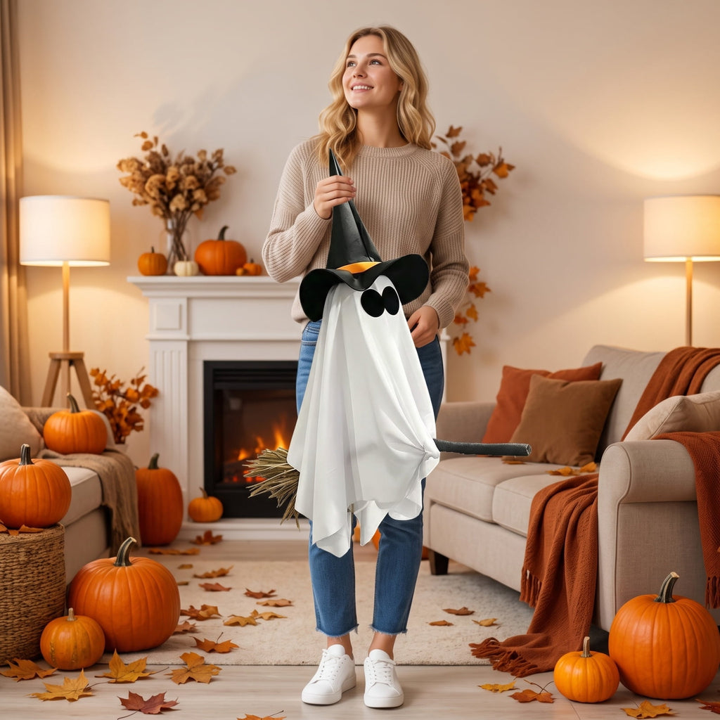 Halloween Decorations Outdoor, 4.5 FT Large Hanging Swing Ghost Halloween Decor with String Lights, Spooky Cute Ghosts Halloween Party Decorations for Front Porch Yard Tree