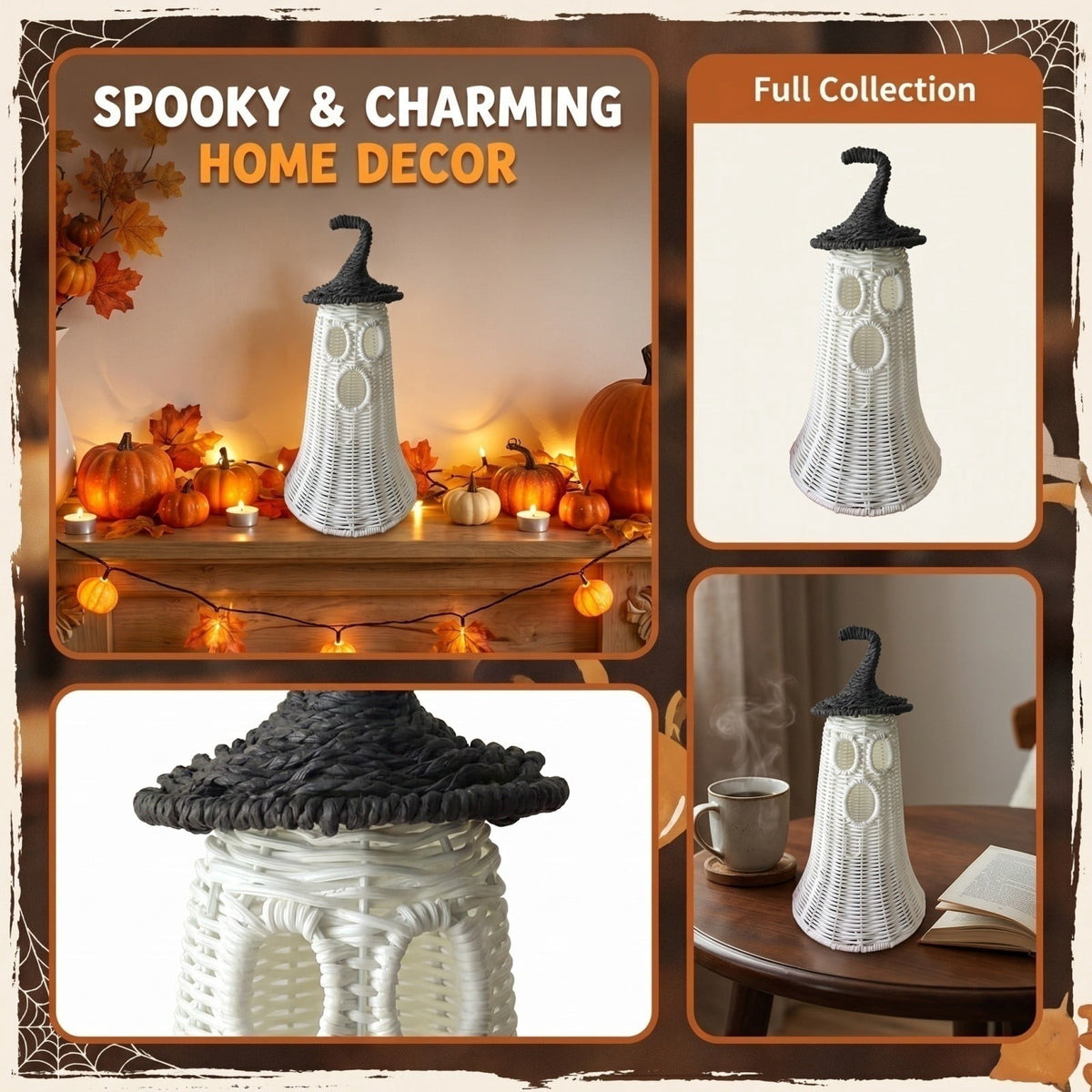 Wicker Ghost Halloween Decor with Witch Hat, Spooky Farmhouse Fall Tabletop Ornament, Hollow Handwoven White Ghost Figurine, Light Up Rustic Home Mantel Shelf Decor for Autumn Halloween Party