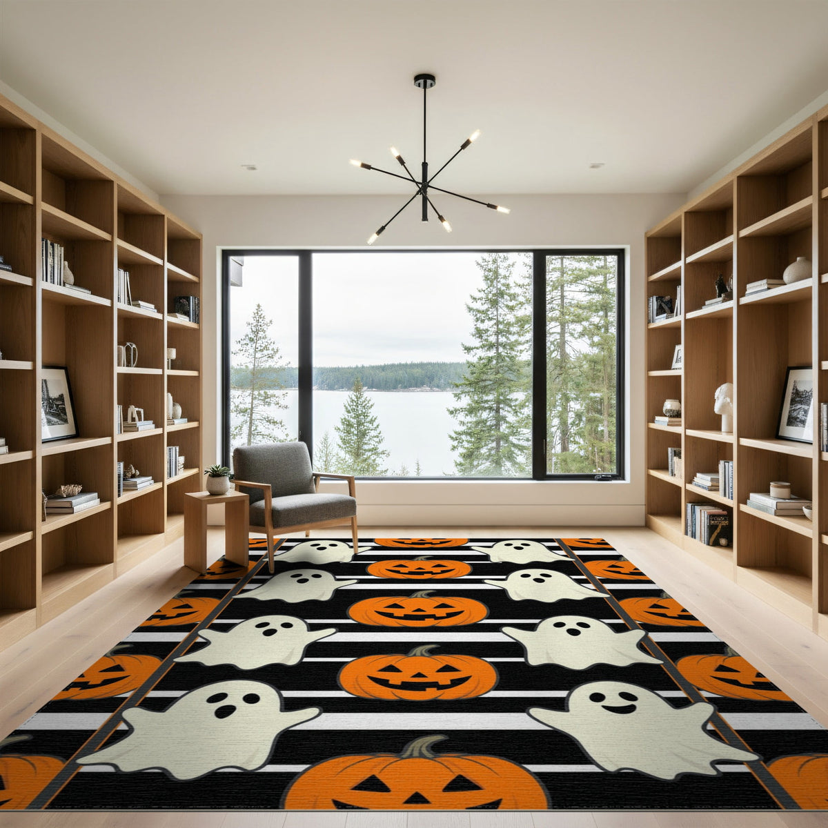 ODIKA Halloween Spooky Pumpkin Phantom Striped Entrance Door Doormat for Playroom, Bedroom, Reading Nook, Pet Friendly & Kids Safe Play