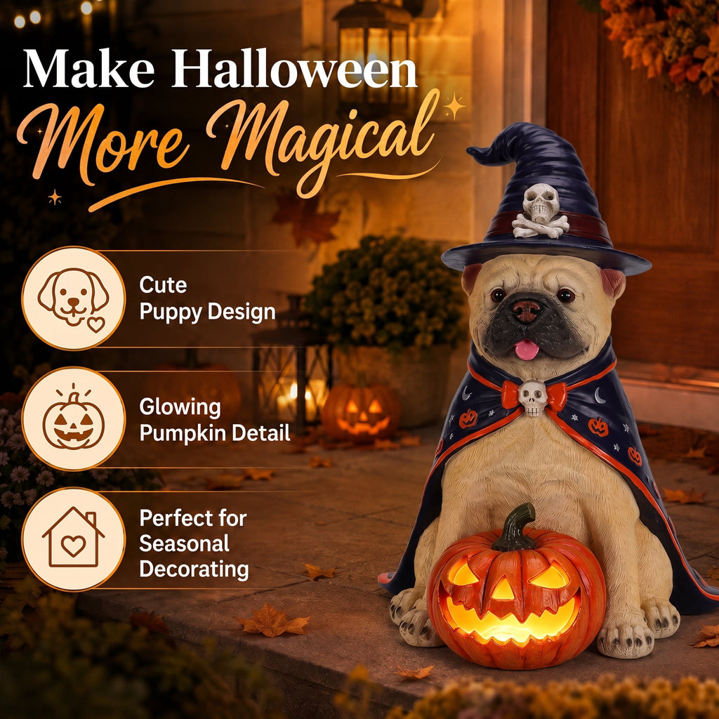 A7Store Halloween Golden Retrieve Dog Indoor Outdoor Porch Statue with Lighted Pumpkin, Pink Witch Hat and Cape