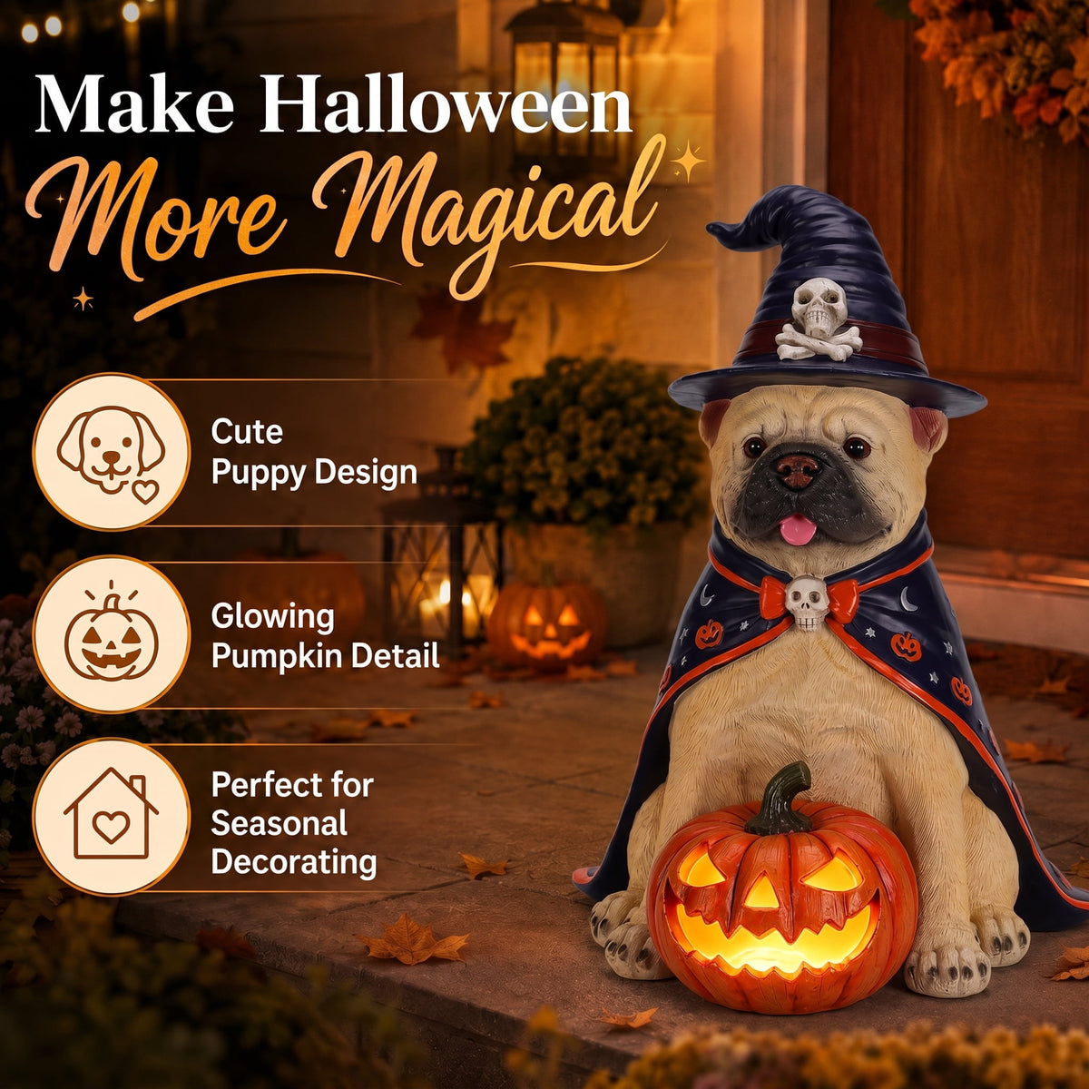 A7Store Halloween Golden Retrieve Dog Indoor Outdoor Porch Statue with Lighted Pumpkin, Pink Witch Hat and Cape
