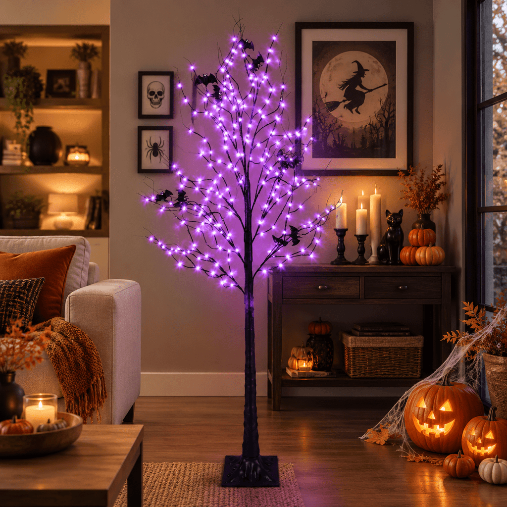 Lighted Tree With 260 Led Lights 6ft Black Timer 8 Modes Dimmable Web & Bats Diy Indoor Outdoor Decorations