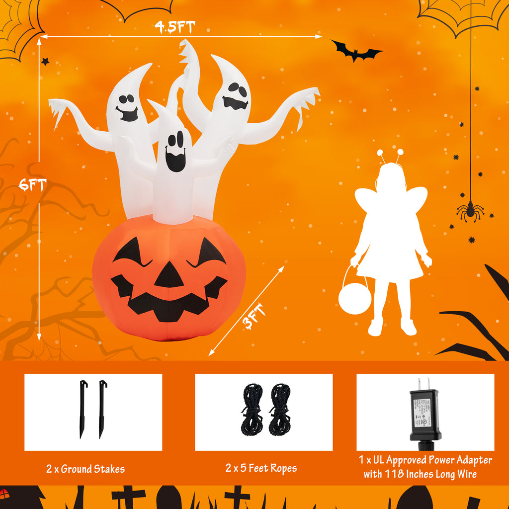 Patiojoy 6FT Halloween Inflatable Decorations 3 White Puppets on Pumpkin Halloween Pumpkin Dolls Decor w/ Build-in LED Lights