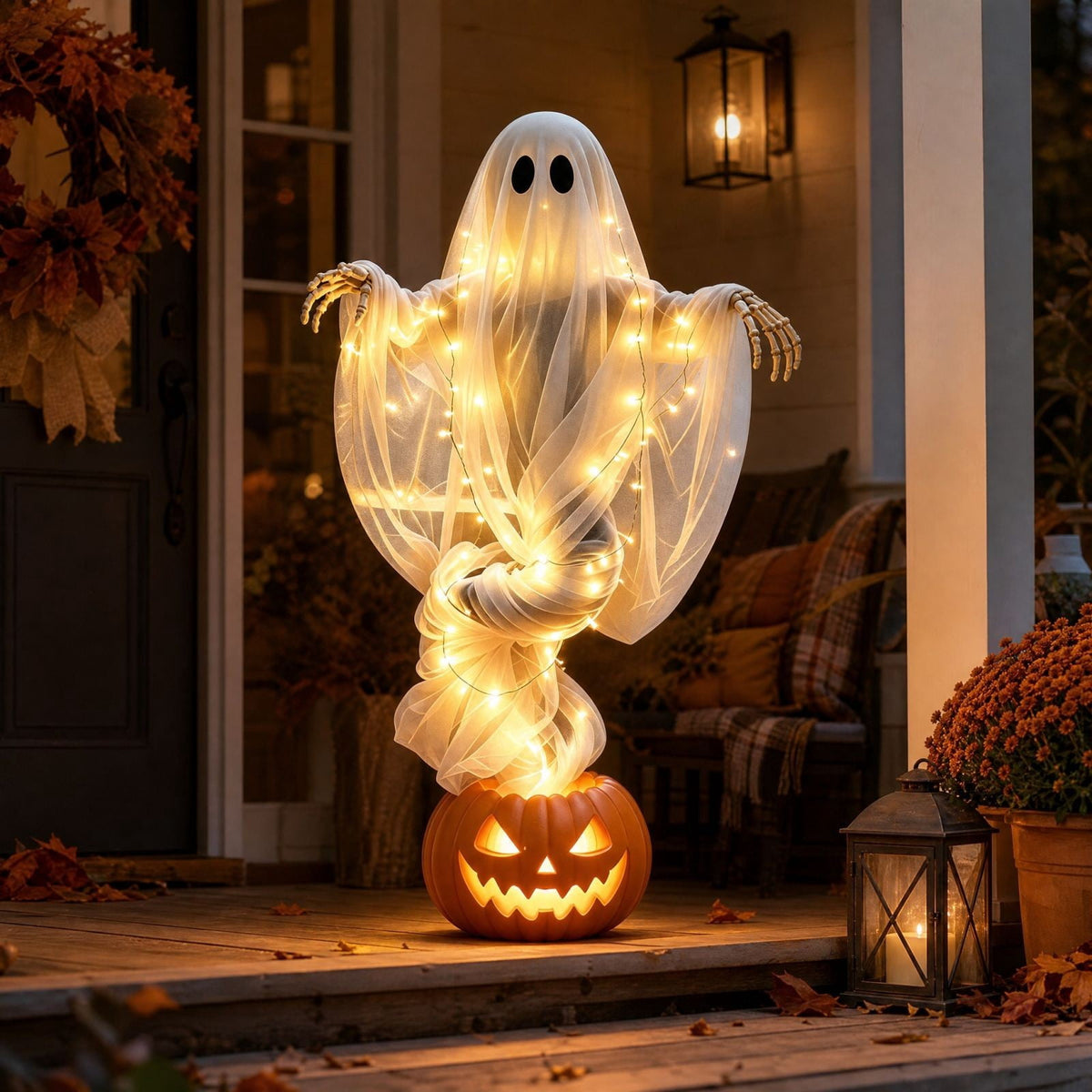 51 Inch Halloween Floating Ghost Pumpkin Light, Light-Up Gauzy Ghost with Skeleton Hands for Outdoor Yard, Porch, Patio, Spooky Party Displays, Events, and Gifts
