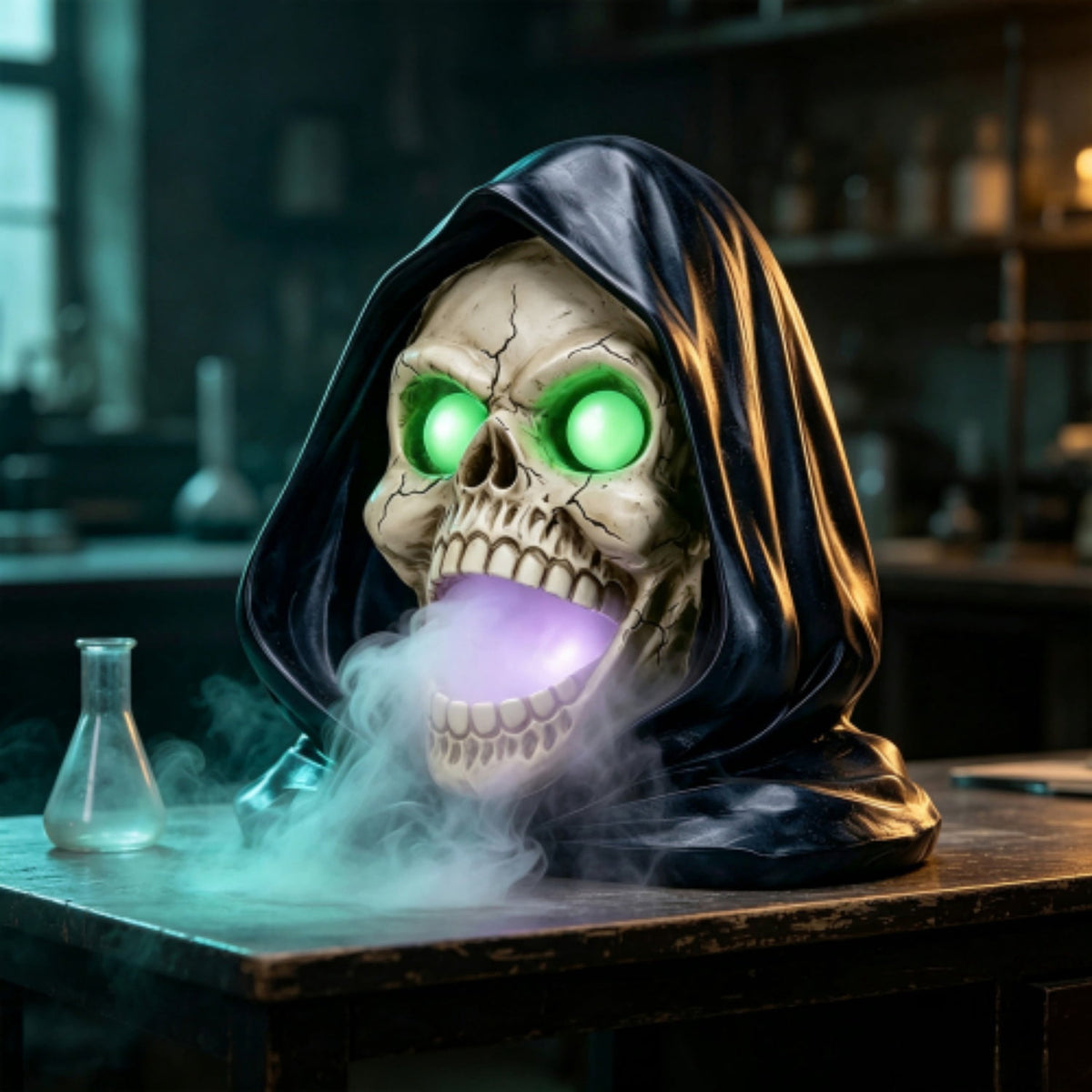 SpookHaven Halloween Jack‑O‑Lantern Pumpkin Mist Sprayer Figurine, LED Light‑Up Fogger with Witch Hat & Skull Decoration, Spooky Ornament for Tabletop Entryway Halloween Party Home Decor