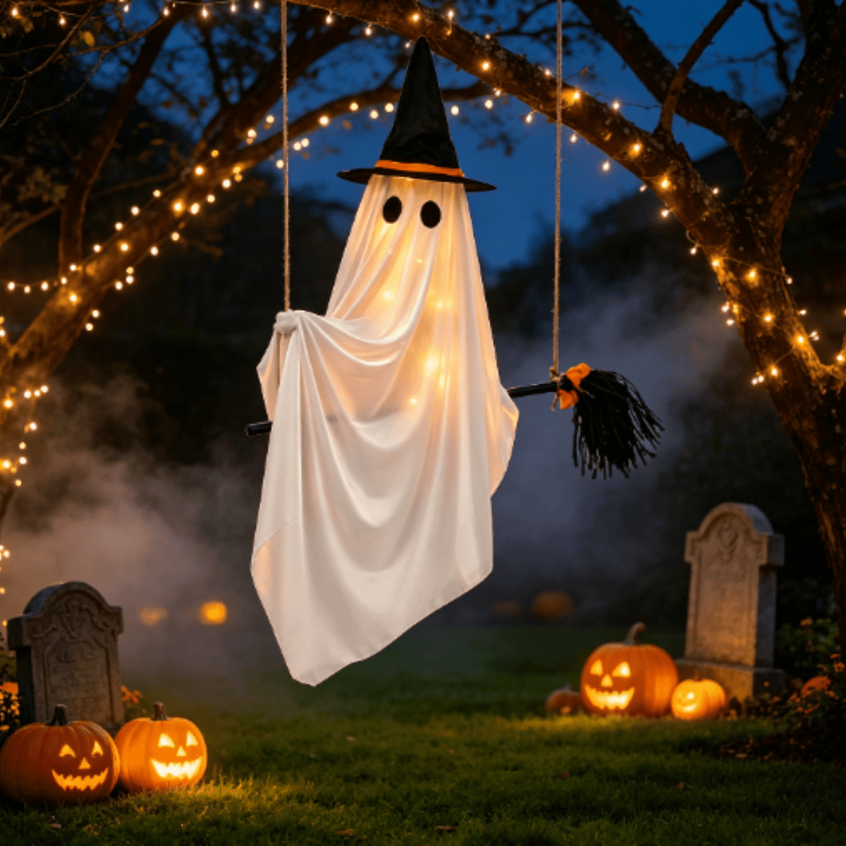 Halloween Decorations Outdoor, Lighted Hanging Ghost Decor with Witch Hat & Broom, LED Flying Ghost Decoration for Porch, Yard, Tree, Patio, Haunted House & Indoor Party 43.3in