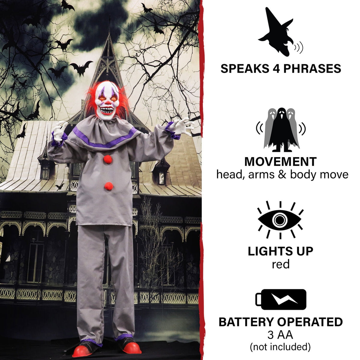Haunted Hill Farm Animatronic 4.6-Ft. Swinging Clown with Lights and Sound, Indoor or Covered Outdoor Halloween Decoration