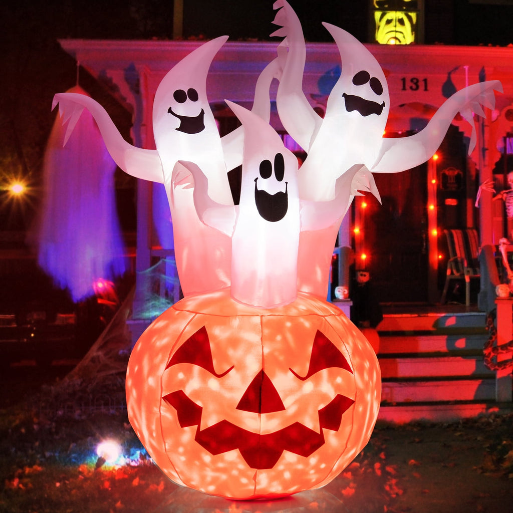 Patiojoy 6FT Halloween Inflatable Decorations 3 White Puppets on Pumpkin Halloween Pumpkin Dolls Decor w/ Build-in LED Lights