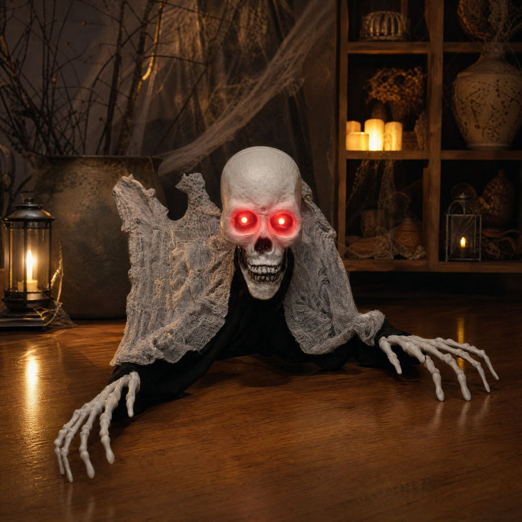 Sound Activated Crawling Skeleton Prop 90 cm, Halloween Moving Head and Hands with Glowing Red Eyes and Sounds, Battery Operated Indoor Outdoor Decor
