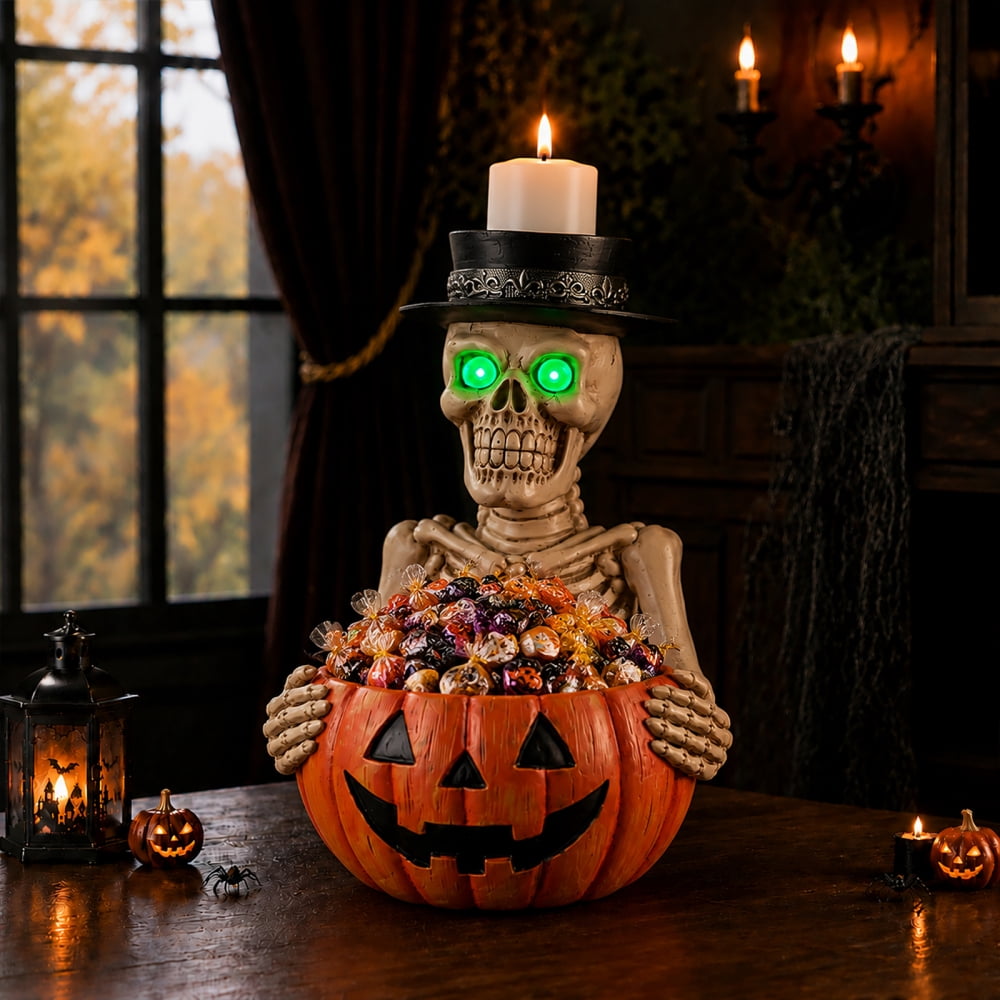 Halloween Skeleton Butler Floor Statue with Serving Tray & Black Cat, Resin Gothic Home Decor for Entryway Porch Living Room