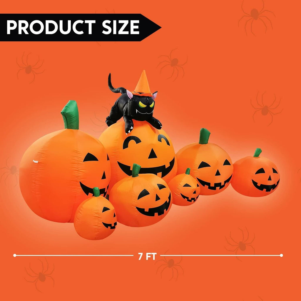 7 FT Halloween Inflatable 7 Pumpkins with Witch Cat LED Outdoor Yard Decoration