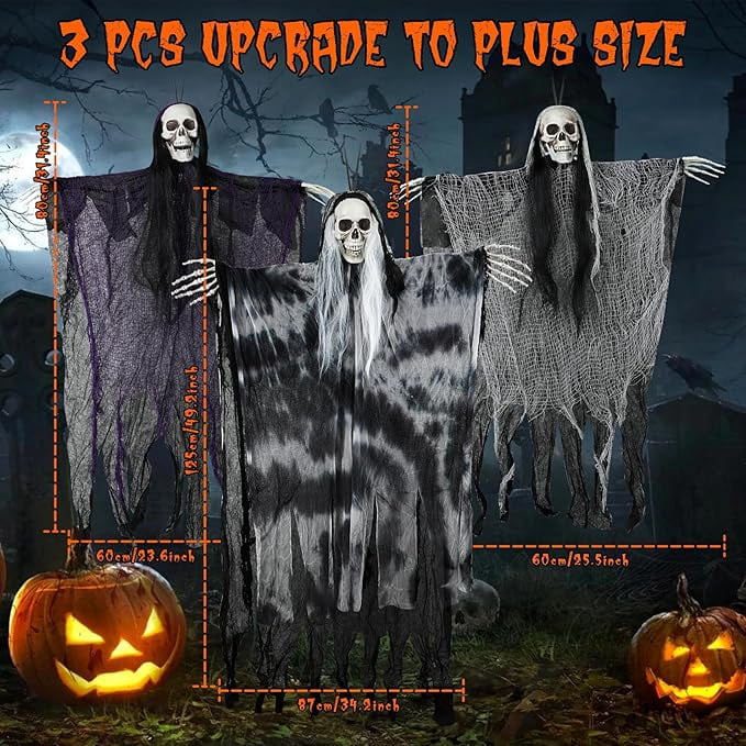 Halloween D rations Outdoor/Indoor - 3 Pack Hanging Skeleton Ghosts D rations for Tree, Yard, Window, Garden