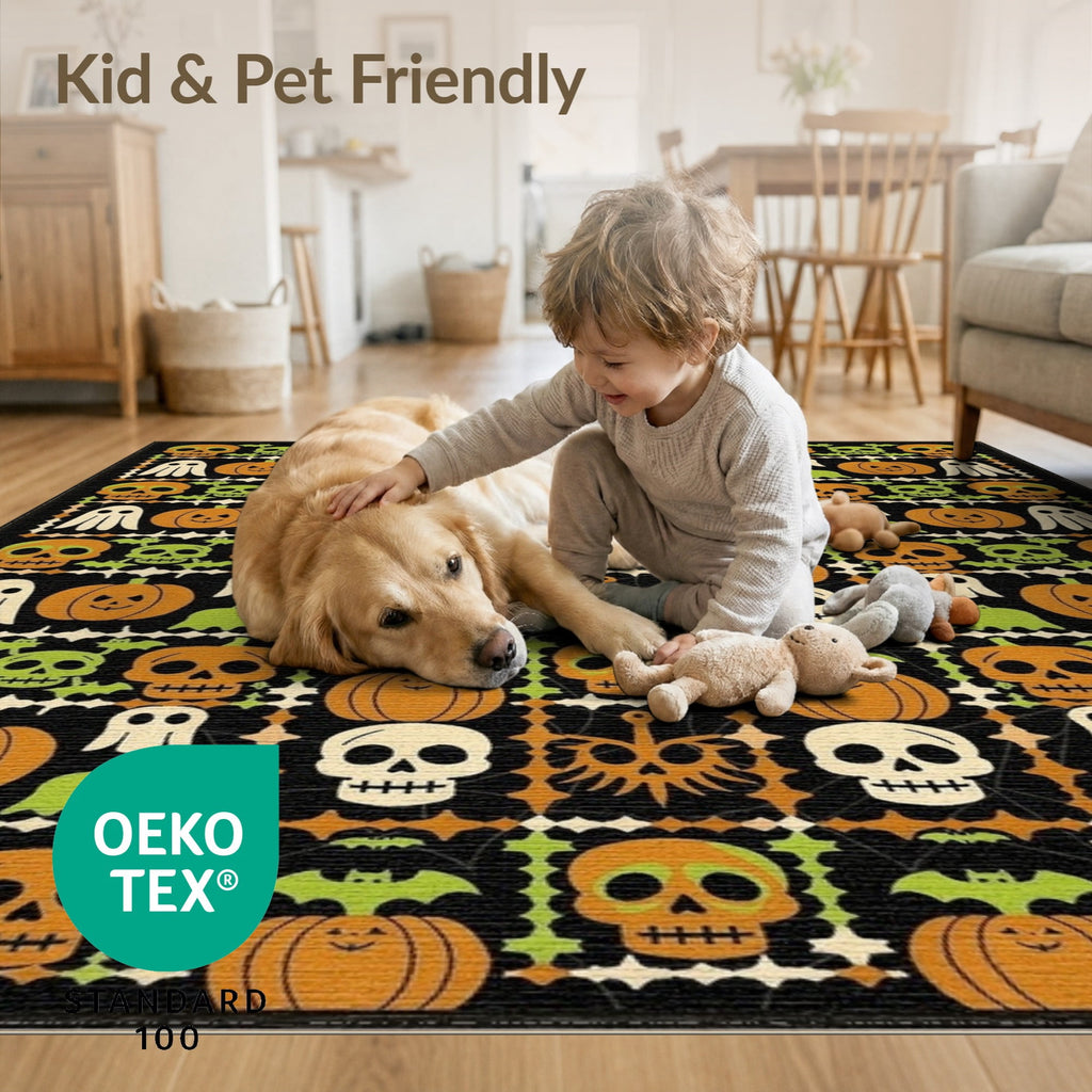 ODIKA 8'x10' Washable Area Rug Halloween Harvest Spirits Grinning Lantern Entrance Doormat Door for Living Room, Under Sectional, Family , Durable, Non-Slip