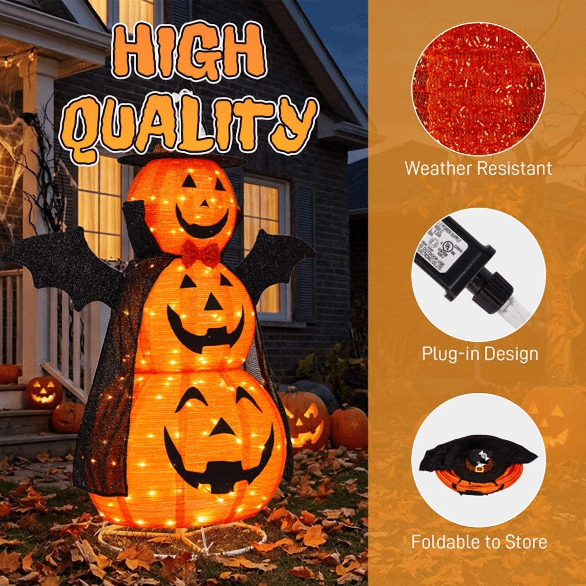 Alvantor 5 ft Lighted 3-Tier Pop-Up Pumpkin Halloween Decoration with Witch Hat, Cape, Bat Wings and 130 Warm White LEDs, Orange