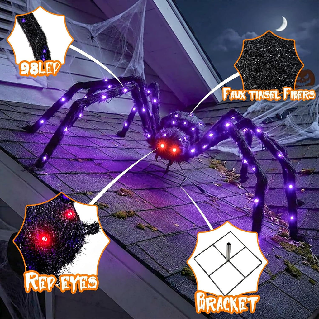 Halloween Decorations Outdoor Giant Spider Light Up Spider 4.3Ft Lighted Large Spider with 6 Modes and 100 LED Purple Lights, Black Spooky Spider for Yard Lawn Garden Patio Outside Decor