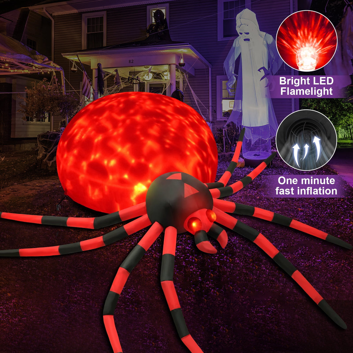 Yexmas 12FT Halloween Inflatables Outdoor Decorations Giant Spider Decorations with LED Lights and Air Pump Blow up Inflatable Green