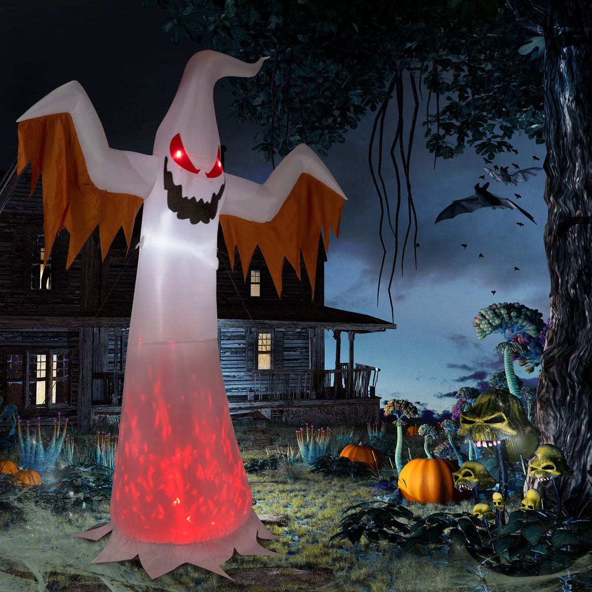 12FT Inflatable Scary Ghost with Flames and Flashing Red Eyes LED Lights for Halloween Yard Decor